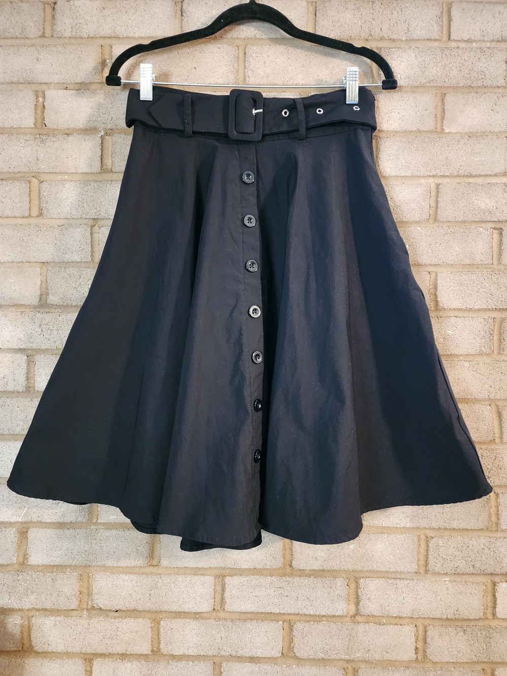 Belle Pogue Classic Black Button-Front A-Line Skirt with Belt